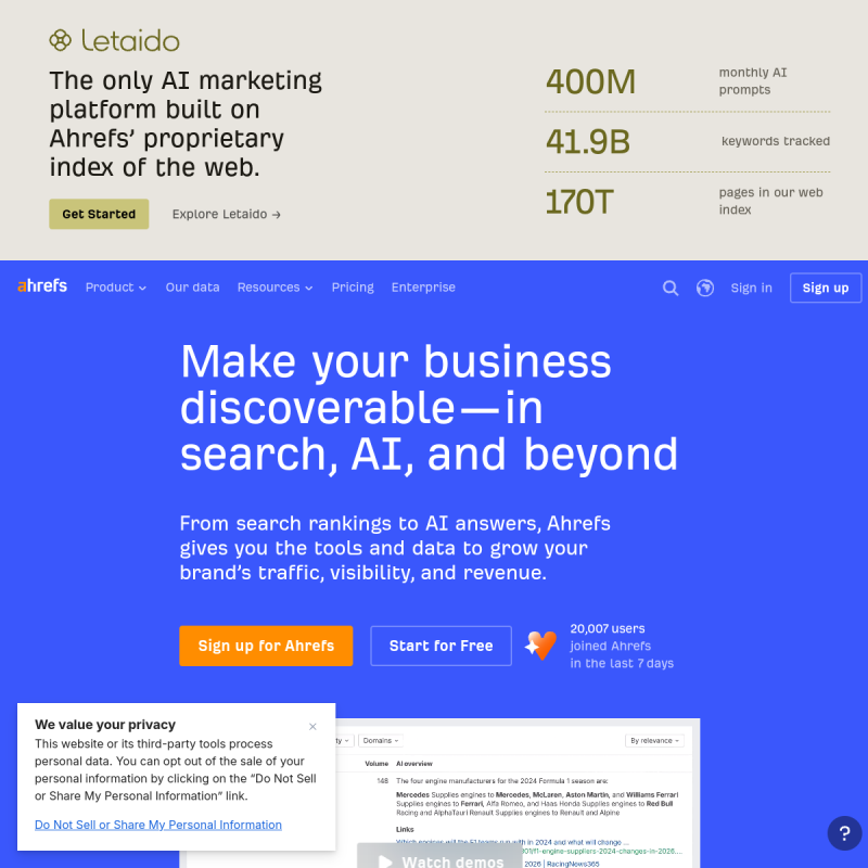Ahrefs website homepage